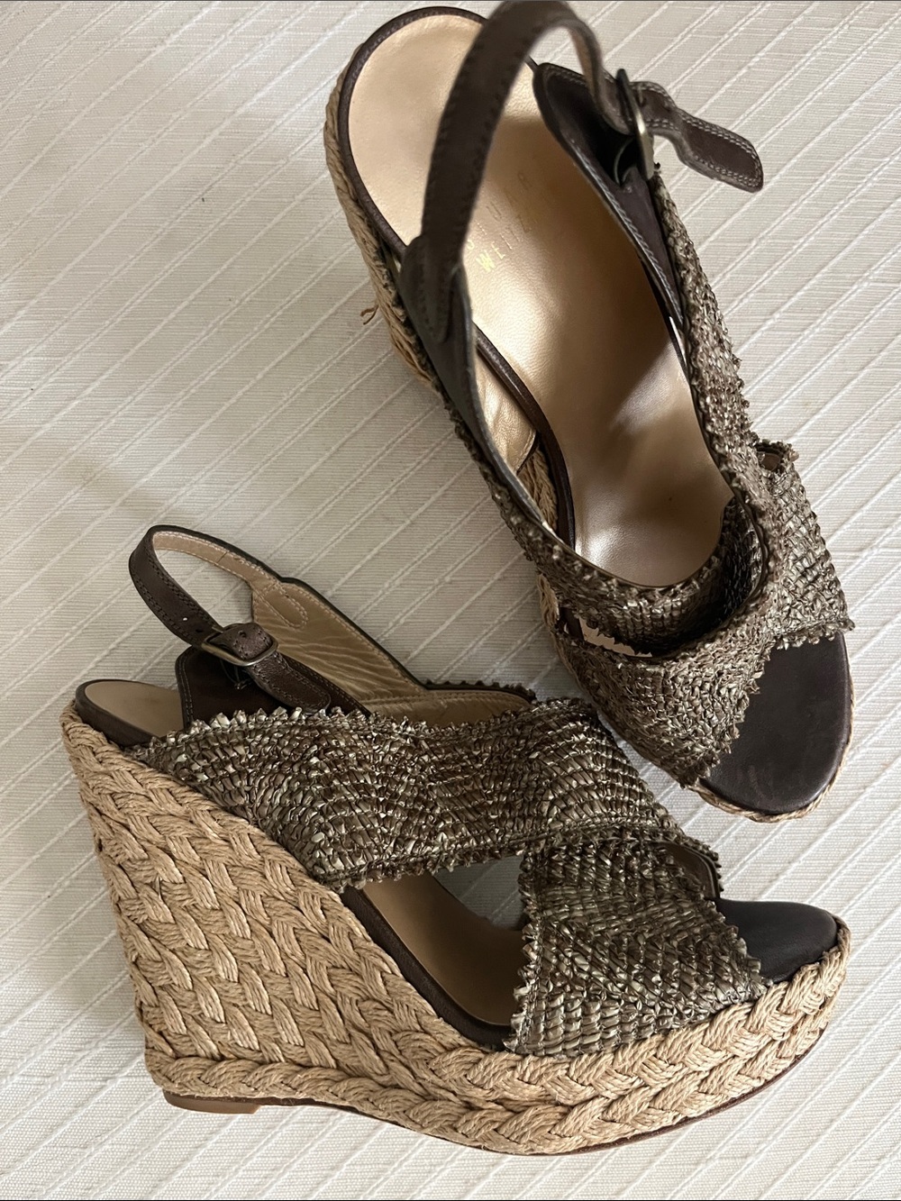 Stuart Weitzman Bronze/Olive green Woven Espadrille Wedge Sandals